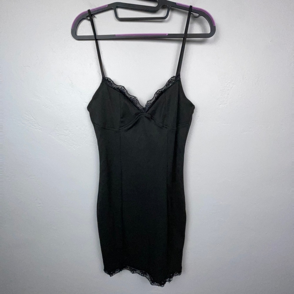 Lace Trim Cami Dress Large Black Ribbed Bodycon Mini Whimsigoth Witchy Y2K